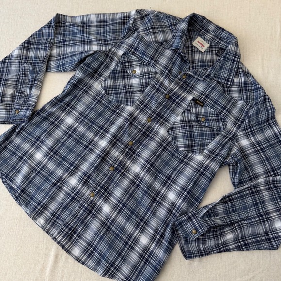 Wrangler Mens Blue Plaid Pearl Snap Western Work Shirt Large - Picture 7 of 11